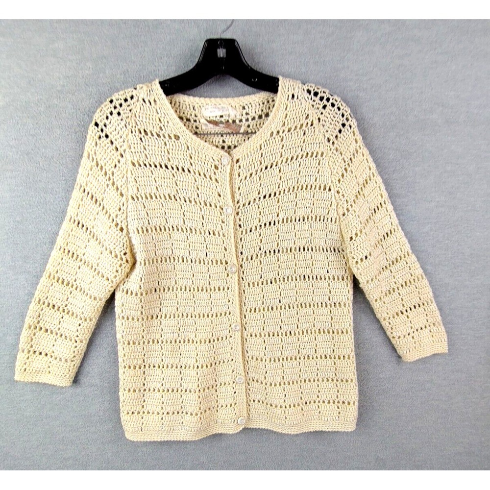 Vintage Razooks Womens Sweater Medium Cream‎ Cardigan Italian Wool Blend Retro